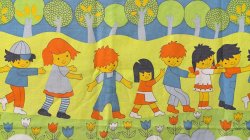 画像1: 70's★子供たちとアヒルの群れ（ブルー系はぎれ）