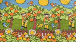 画像2: ドイツ70's◆農夫とカラフルな風景の生地（はぎれ）