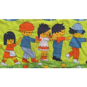 画像: 70's★子供たちとアヒルの群れ（ブルー系はぎれ）