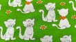 画像1: 70's◆意地悪っぽい猫と花のファブリック（緑）はぎれ