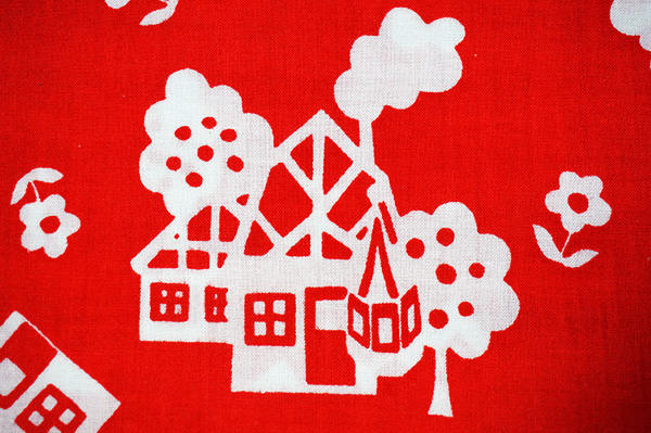 画像3: ドイツ70年代◆赤い背景に白い家（はぎれ大）