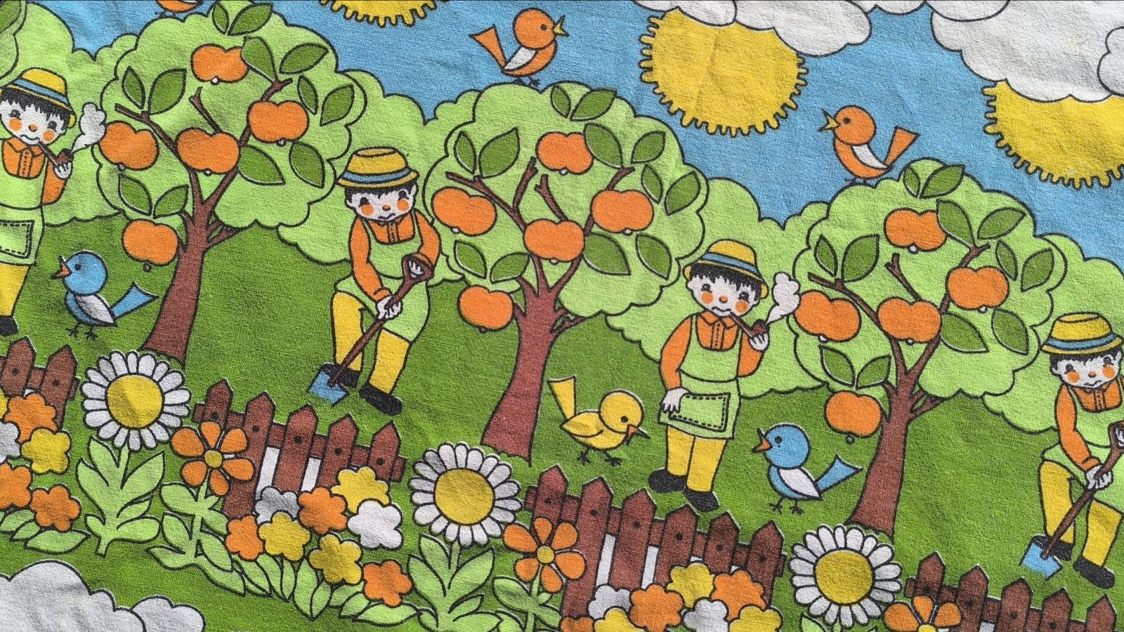 画像3: ドイツ70's◆農夫とカラフルな風景の生地（はぎれ）